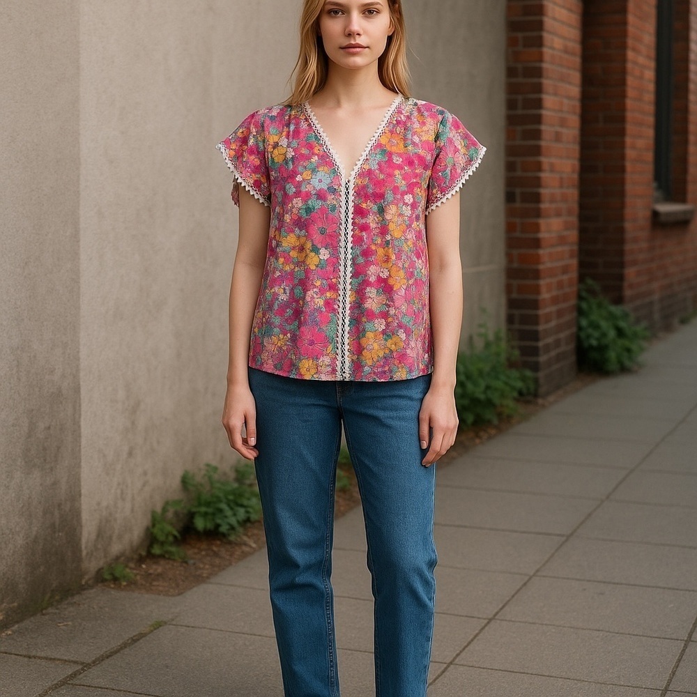 Kate Spade Floral Burnout Top | V-Neck Lace Trim Multicolor Size S